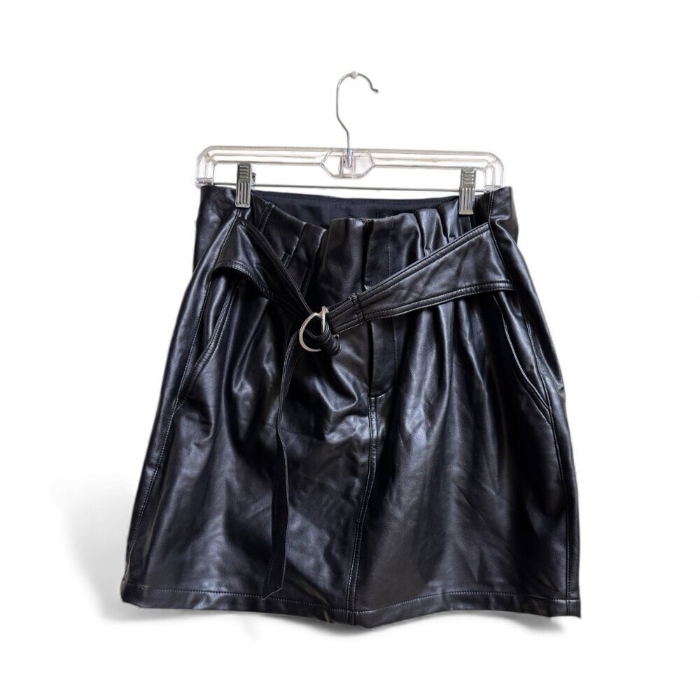 Express Faux Leather Paperbag Waist Mini Skirt Black Belted Size Large